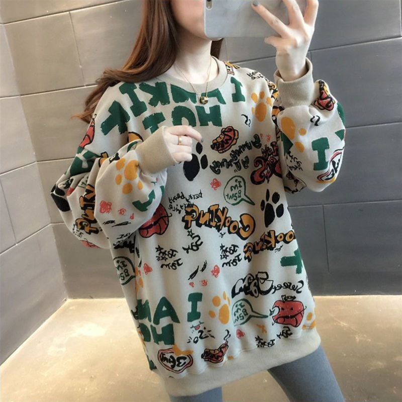 캐주얼 프린트 루즈핏 여성 스웨트셔츠 Y2K 빈티지 한 - Winter Clothing Trends 2025 Women'S 리뷰 및 가격