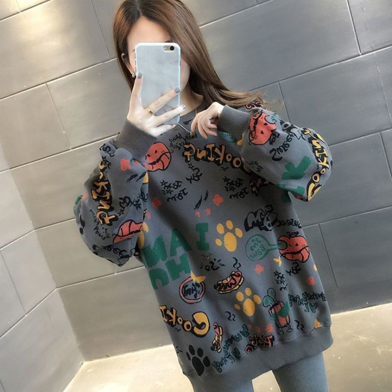 캐주얼 프린트 루즈핏 여성 스웨트셔츠 Y2K 빈티지 한 - Winter Clothing Trends 2025 Women'S 리뷰 및 가격